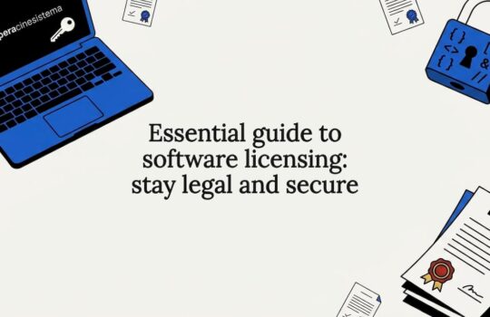 Software licensing title card illustration with laptop, document, and padlock