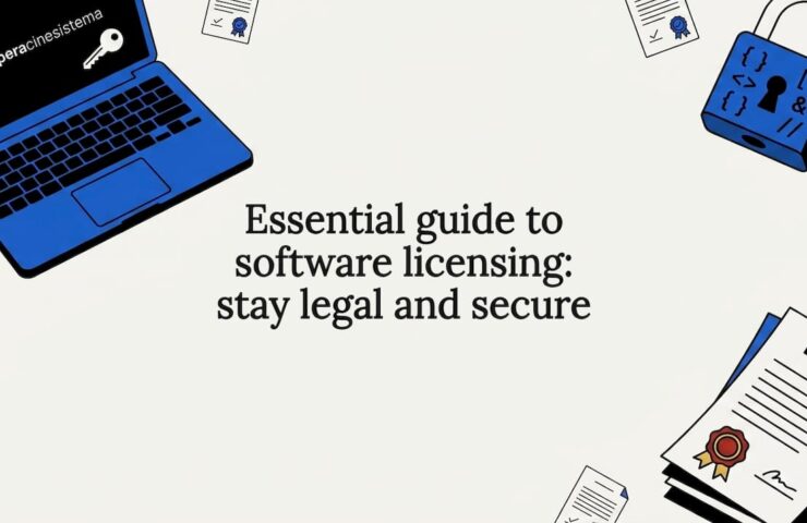 Software licensing title card illustration with laptop, document, and padlock