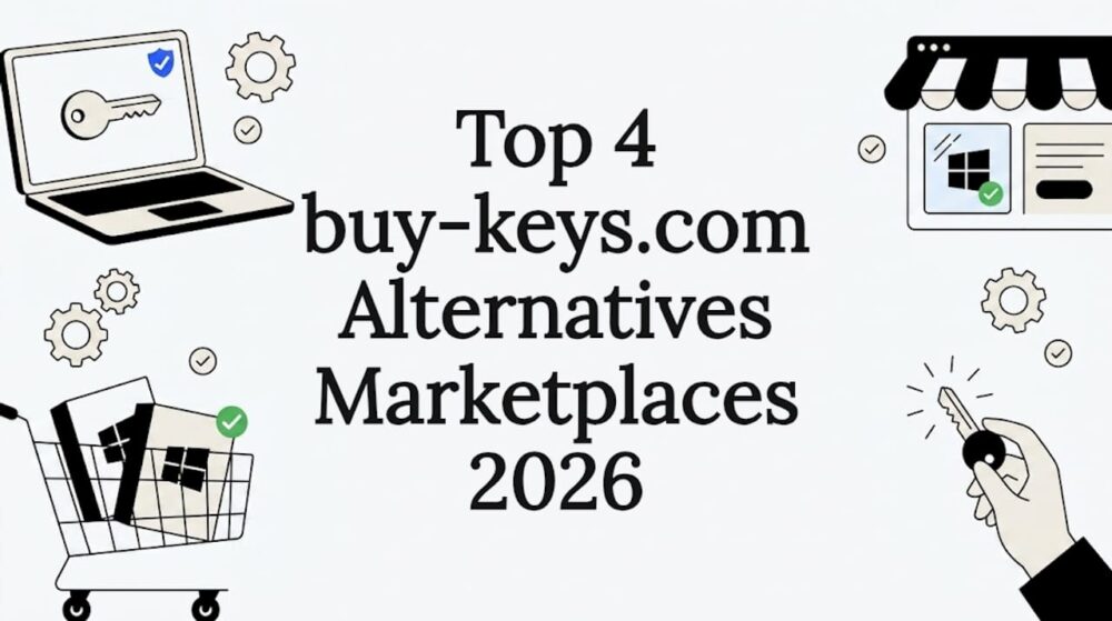 Decorative marketplace and software key title card illustration