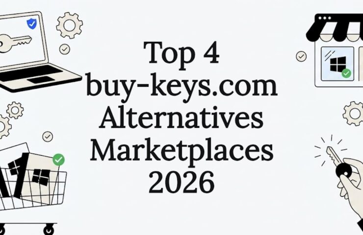 Decorative marketplace and software key title card illustration