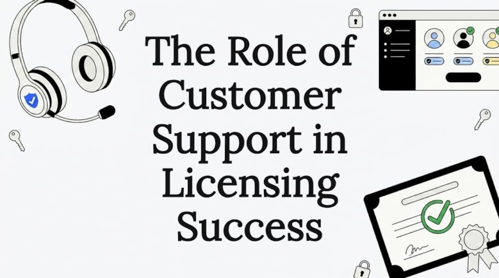 Title card surrounded by licensing themed illustrations