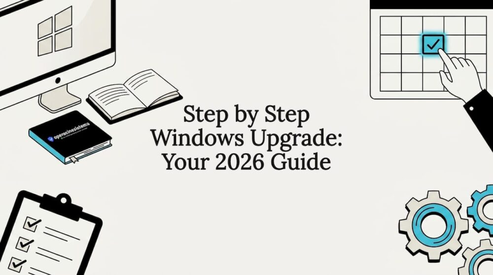 Flat vector decorative illustration for Windows upgrade title card
