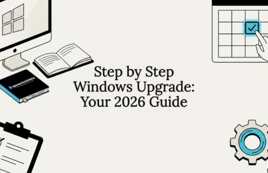 Flat vector decorative illustration for Windows upgrade title card