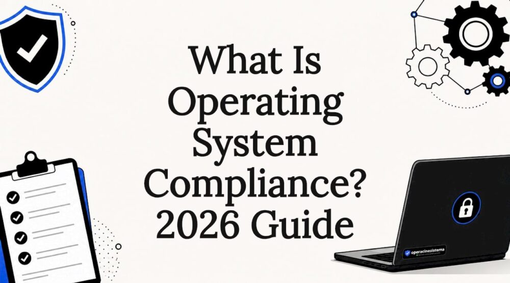 Decorative illustration framing OS compliance title
