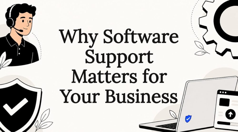 Decorative title card illustration with software support icons