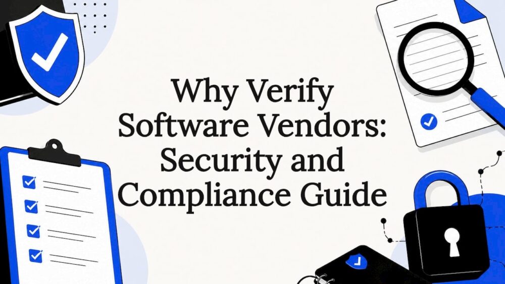 Decorative title card illustration with security and compliance icons