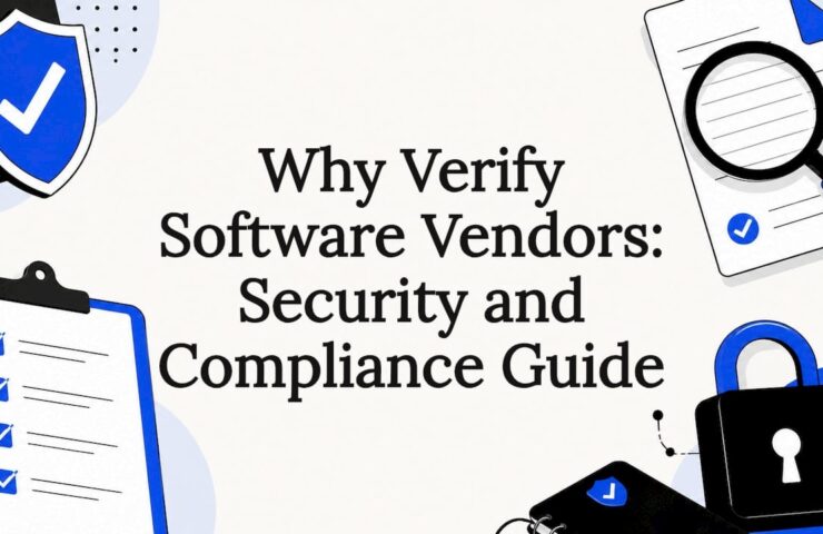 Decorative title card illustration with security and compliance icons