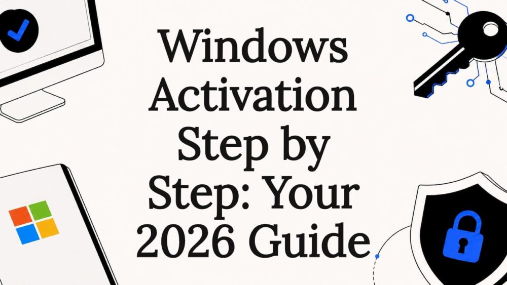 Decorative flat vector title card with Windows activation icons