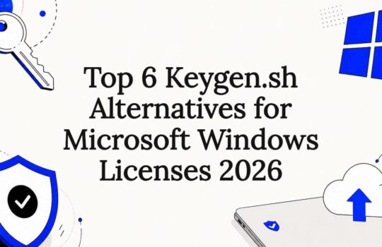 Flat vector illustration decorating a software licensing blog title card