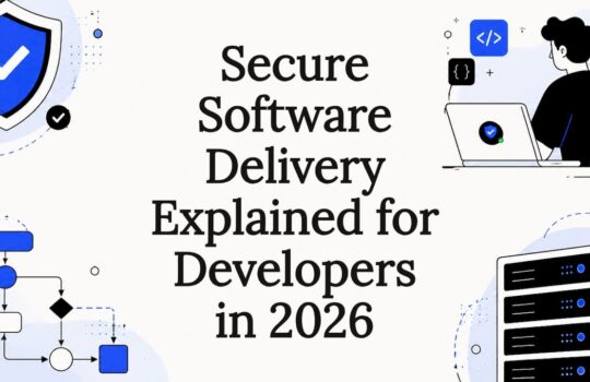 Decorative title card with security and software delivery symbols