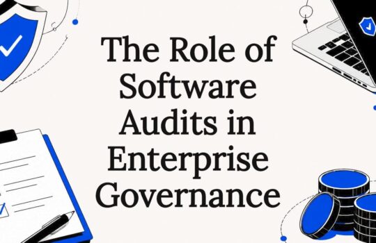 Decorative title card illustration with security, compliance, software, and cost icons