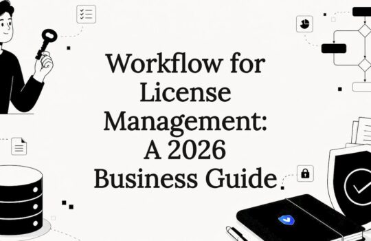 Flat vector title card illustration with license management icons