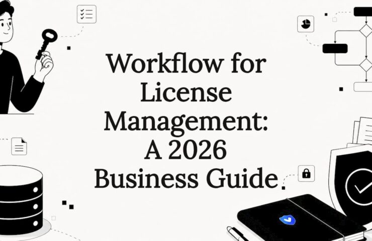 Flat vector title card illustration with license management icons