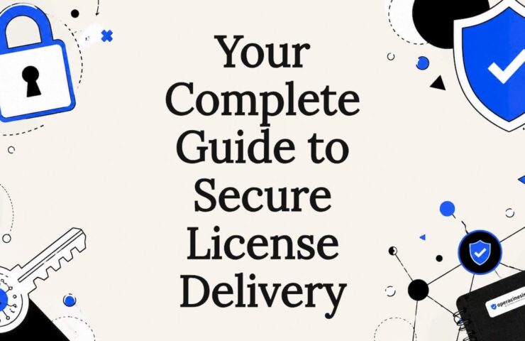 Decorative title card illustration for secure license delivery