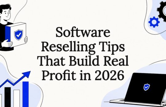 Illustrated title card with software reselling icons
