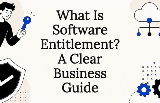 Decorative illustrated title card with software entitlement icons